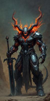 The primary subject of the image is a demonic-looking creature with a sword in its hand. The creature is standing in front of a backdrop of a mountain, which adds to the overall atmosphere of the scene. The visual style of the image is digital art, as it appears to be a detailed illustration or drawing. The dominant colors in the image are dark and ominous, which contribute to the demonic appearance of the creature.
